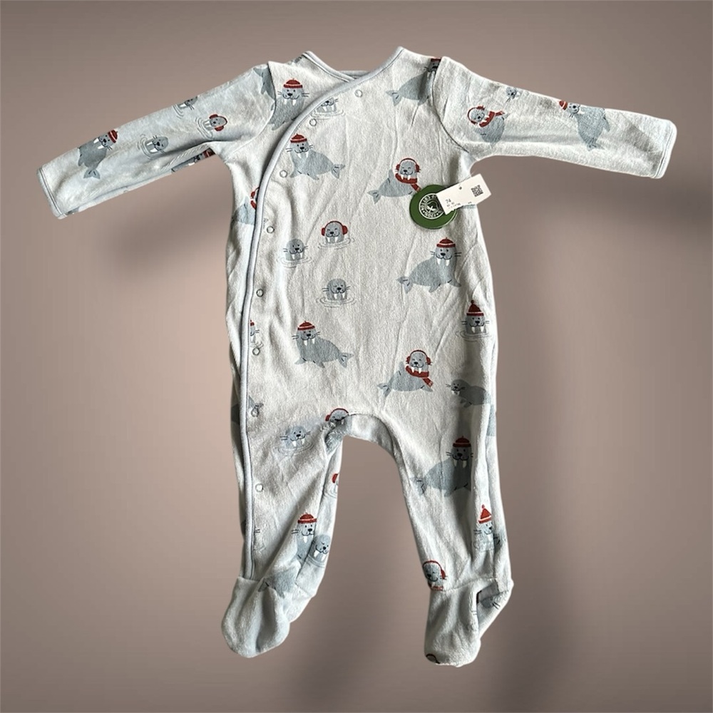 Cute Seal-Print Footed One-Piece - Light Blue